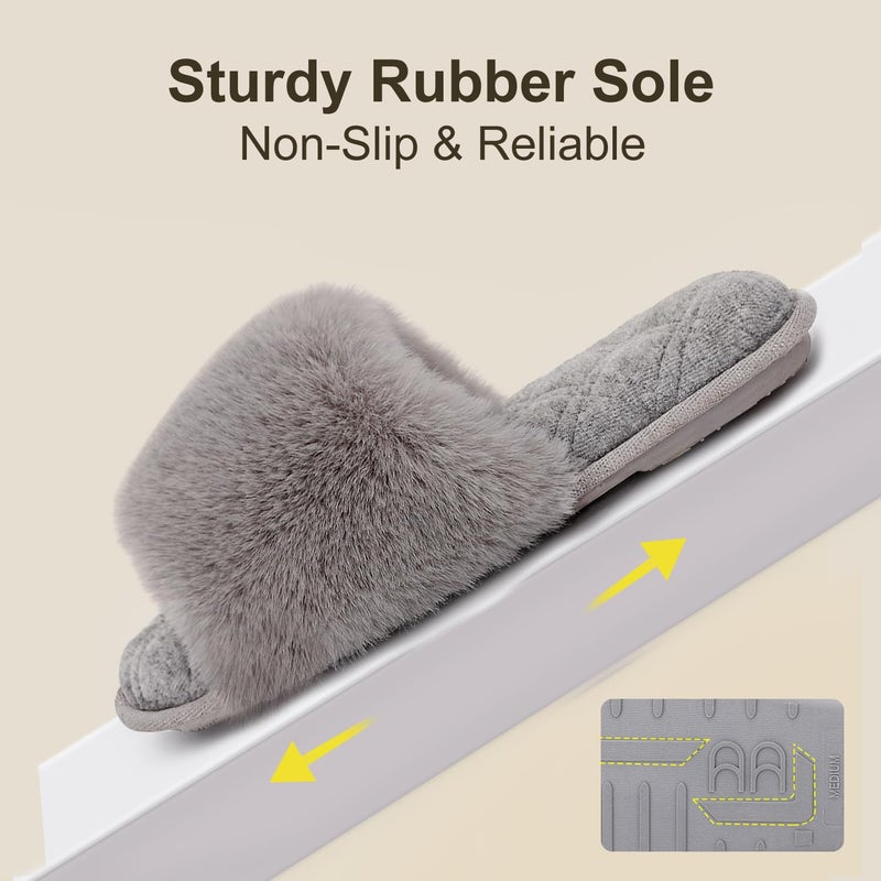 LongBay شبشب نسائي مفتوح من لونغ باي، فuzzy fluffy، مصنوع من فوم الذاكرة، مريح، سهل الارتداء، داخلي، لغرفة النوم، منزلي (ميديم / 7-8، رمادي) - Image 5